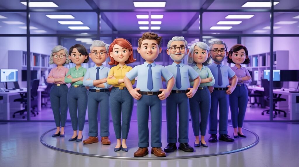 Dia do Trabalho no Brasil Depois dos 60 Anos: Novos Sentidos e Possibilidades 1 uma-cena-animada-em-3d-de-dez-trabalhadores-cinco-mulheres-e-cinco-homens-com-sessenta-anos-de-idade