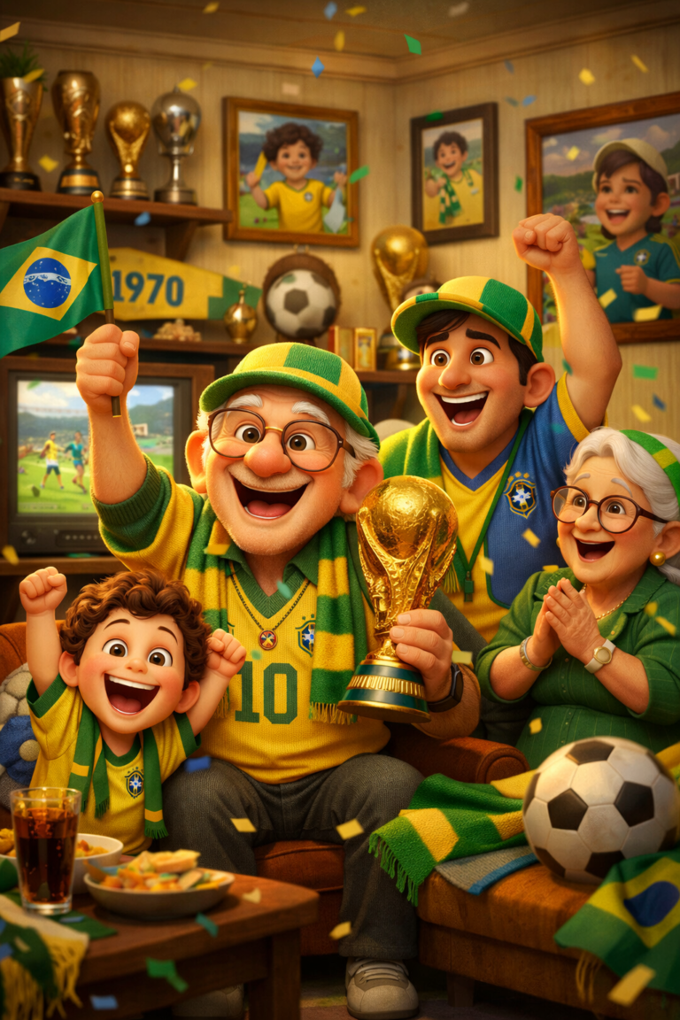 Crie uma imagem pixar 3d sem nada escrito com base no titulo Histórias de Torcedores que Nunca Perderam uma Copa Uma Paixão que Atravessa Décadas